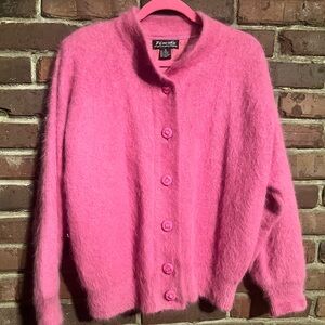 Vintage 80s Venesha Vibrant Pink Fuzzy Angora Cardigan Bomber Jacket Small